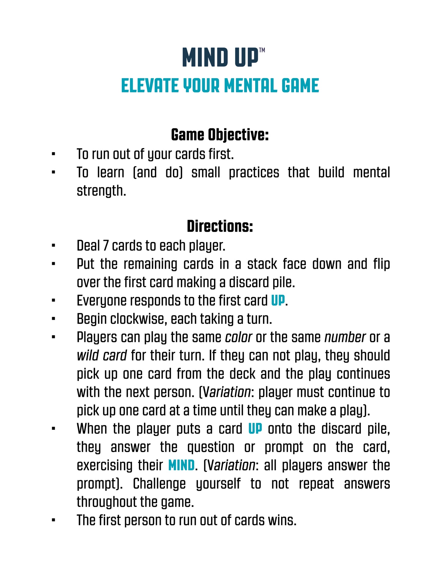 Mind Up Card Game (Downloadable PDF)